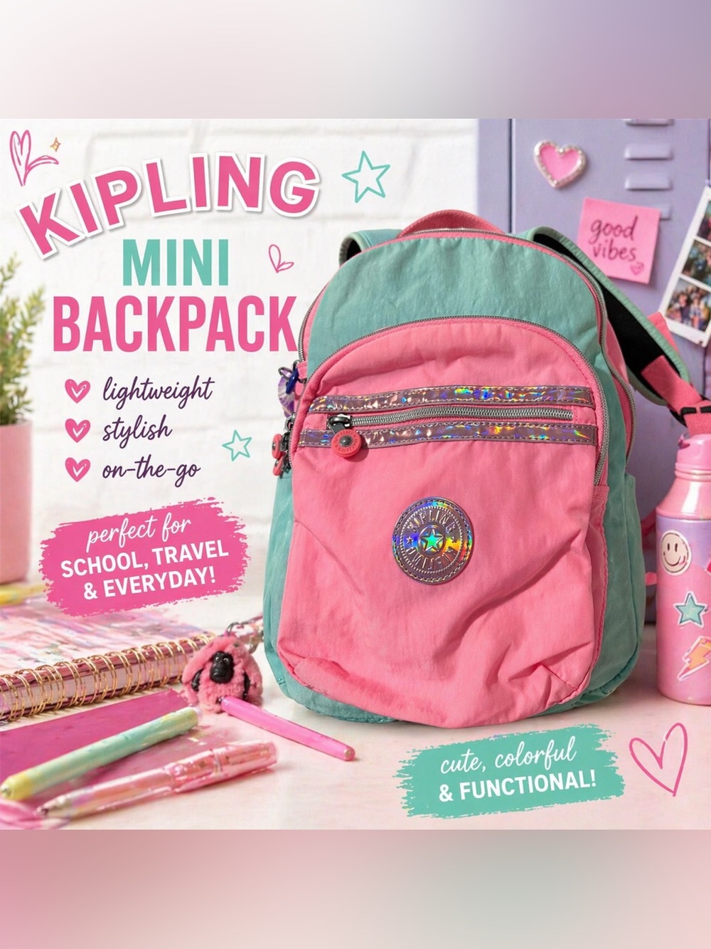 Kipling Mini Backpack Pink Mint Colorblock Nylon Small Travel Bag